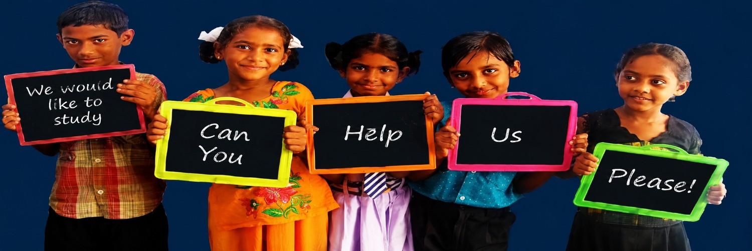 Children holding education appeal boards highlighting hunger relief, child welfare, and education support by Indbharat Global Foundation